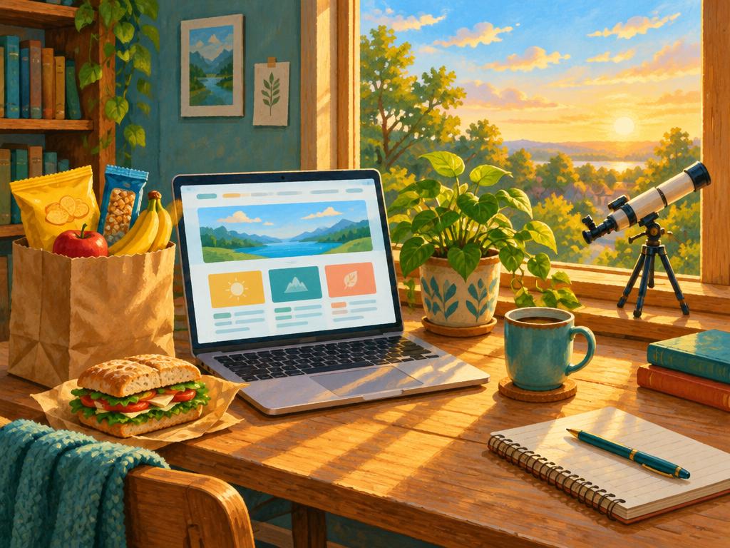 A sunny desk with a laptop showing a cheerful website, a grocery bag of snacks, a sandwich and a small telescope by the window.