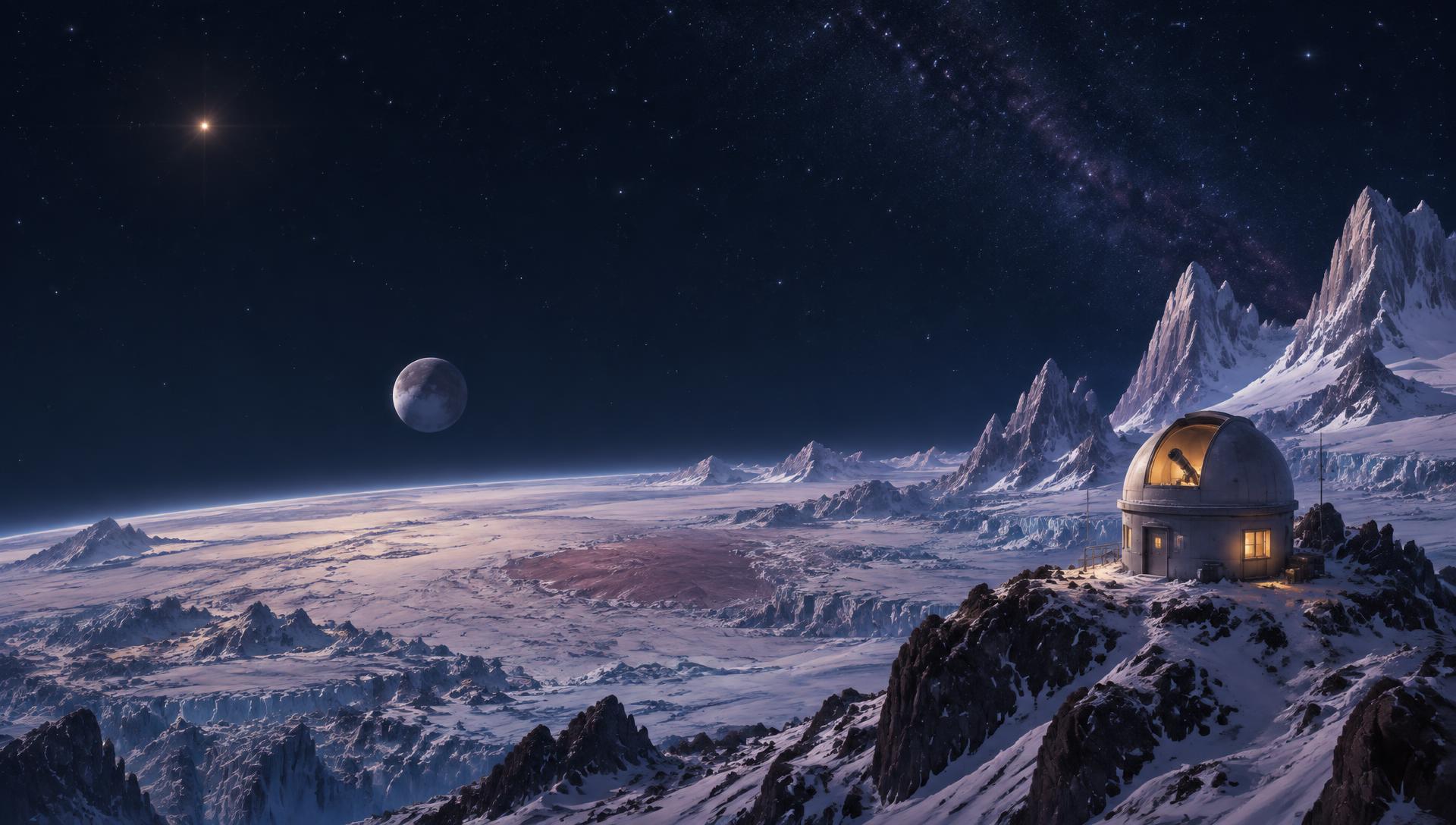 A tiny dome observatory with a warm lit window perched among icy mountains on Pluto, beneath a starry sky with a distant companion moon.