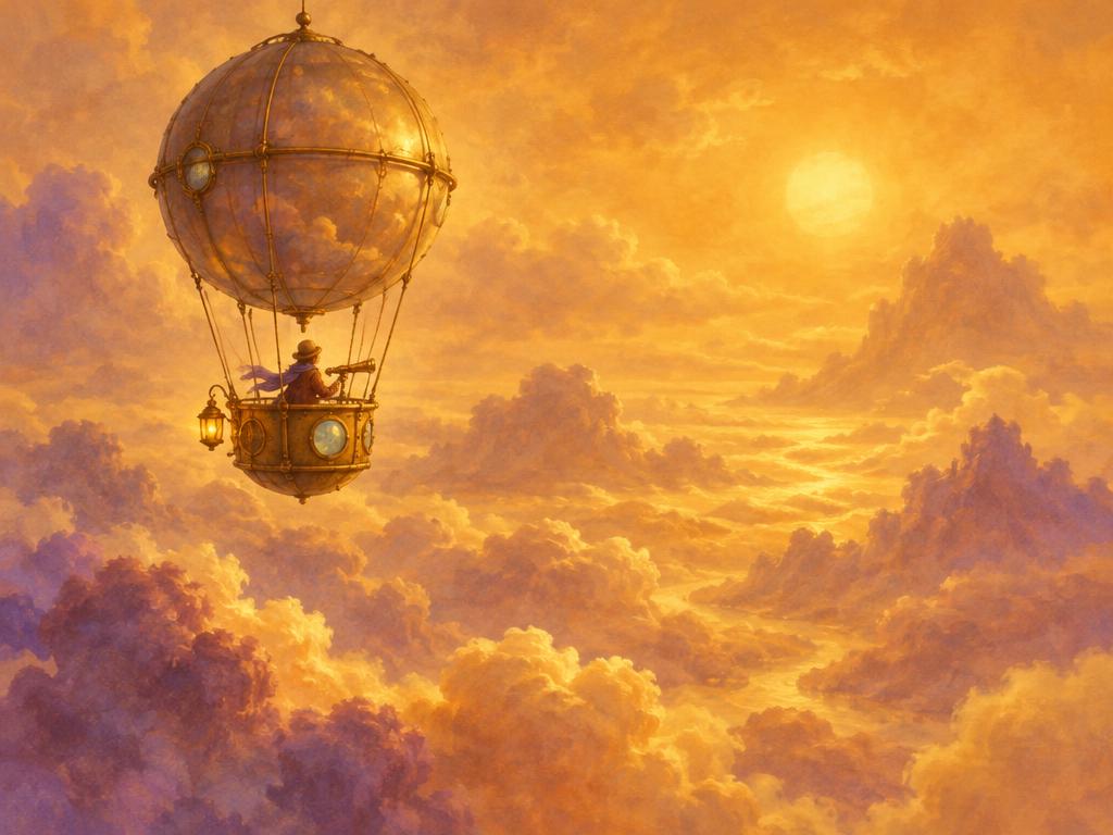 A painted brass balloon drifting through golden clouds beneath a soft hazy sun.